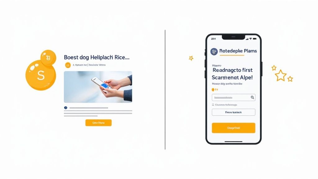 A split image showing a website ad with a phone and a mobile app interface with text fields.