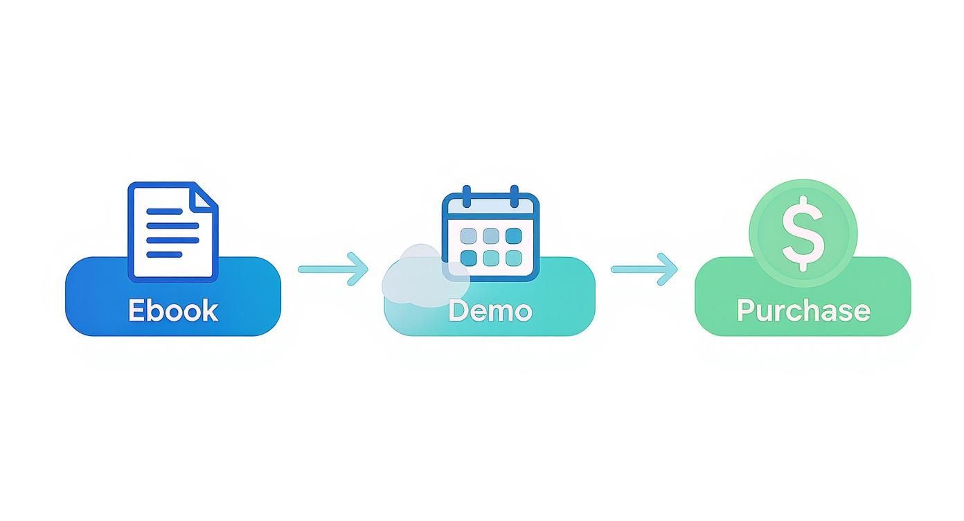 A visual flowchart showing a customer journey from Ebook download, to Demo, then to Purchase.