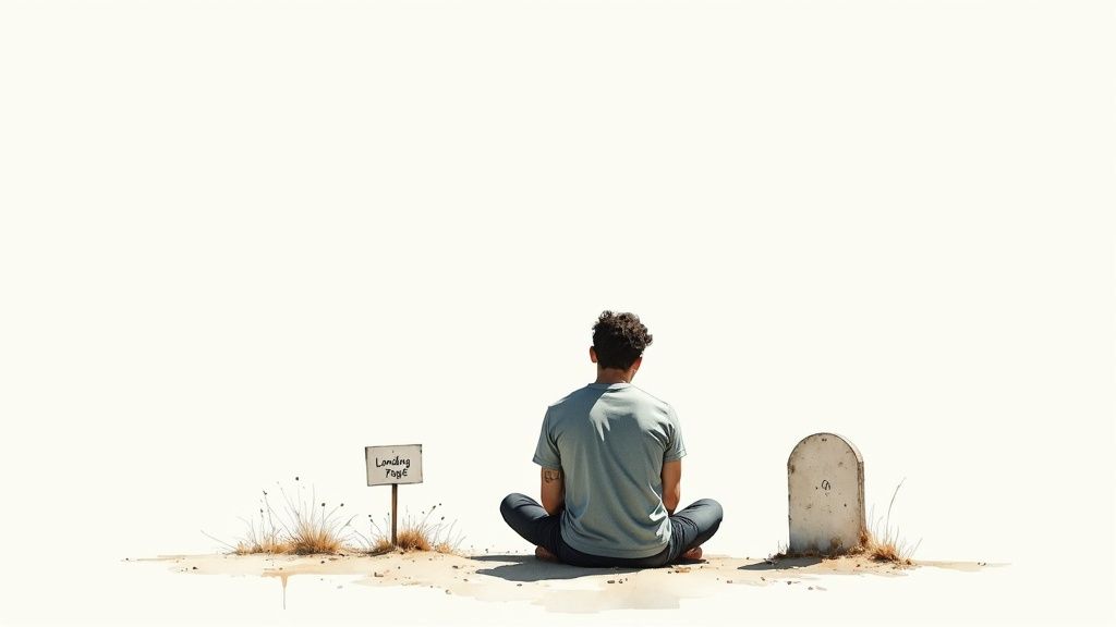 A person sits on barren ground, contemplating a 'Landing Page' sign and a small marker.