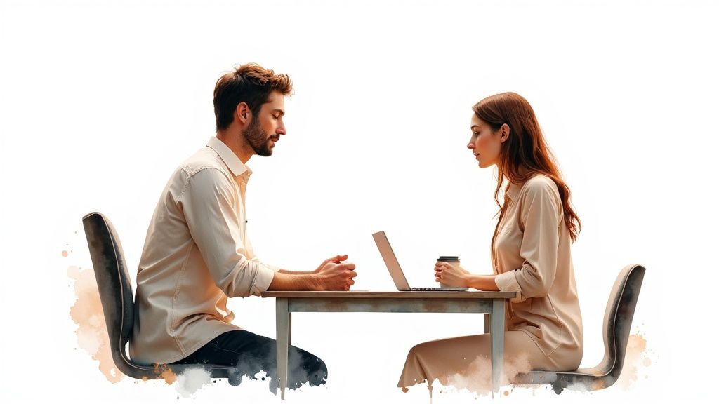 Two individuals sit at a table, facing each other with a laptop and coffee cup.