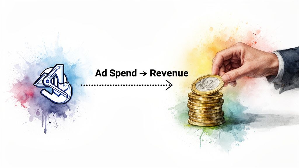 An icon representing ad spend leads to a stack of coins symbolizing revenue, illustrating the conversion process.