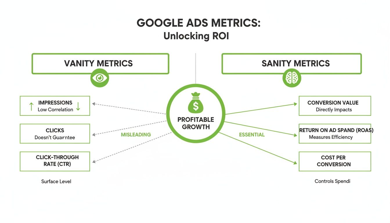 Diagram contrasting Google Ads vanity metrics (impressions, clicks) with essential sanity metrics (conversion value, ROAS) for profitable growth.