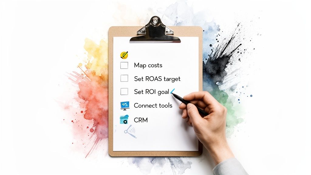 Hand checking 'Set ROI goal' on a marketing checklist with ROAS and costs on clipboard.