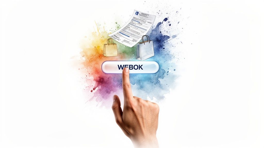 A finger taps a "WEBOK" button, surrounded by shopping bags, a document, and colorful watercolor splashes.