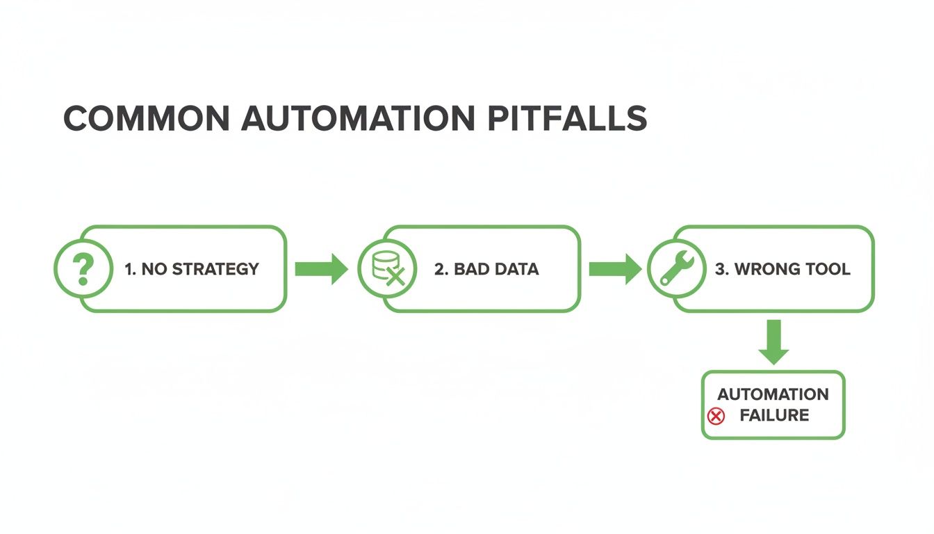 Flowchart illustrating common automation pitfalls: no strategy, bad data, and wrong tool lead to automation failure.