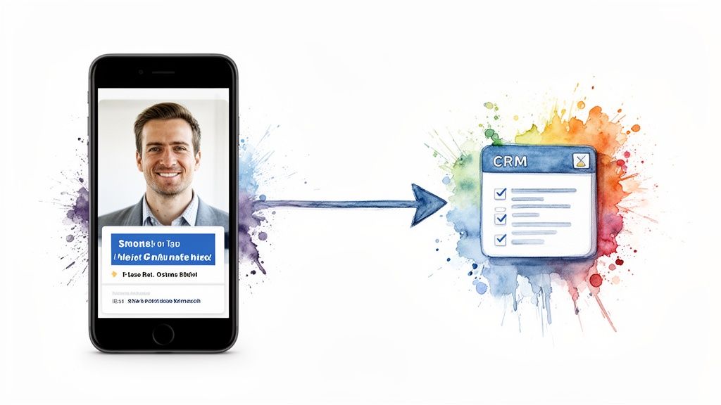 A smartphone showing a man's face and text, with an arrow pointing to a CRM system window.