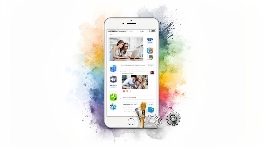 A white smartphone displays app content amidst colorful watercolor splashes, with paintbrushes and gears.