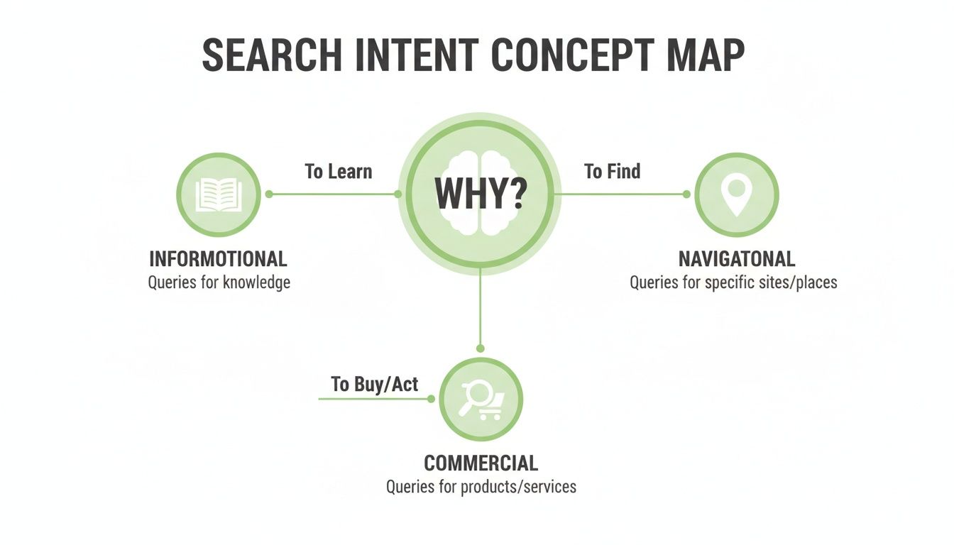 A concept map showing the three main types of search intent: informational, navigational, and commercial.