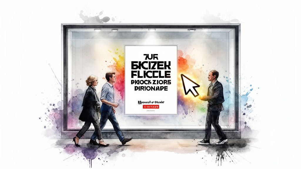 Business people walk past a colorful display with a large mouse cursor, symbolizing digital interaction.