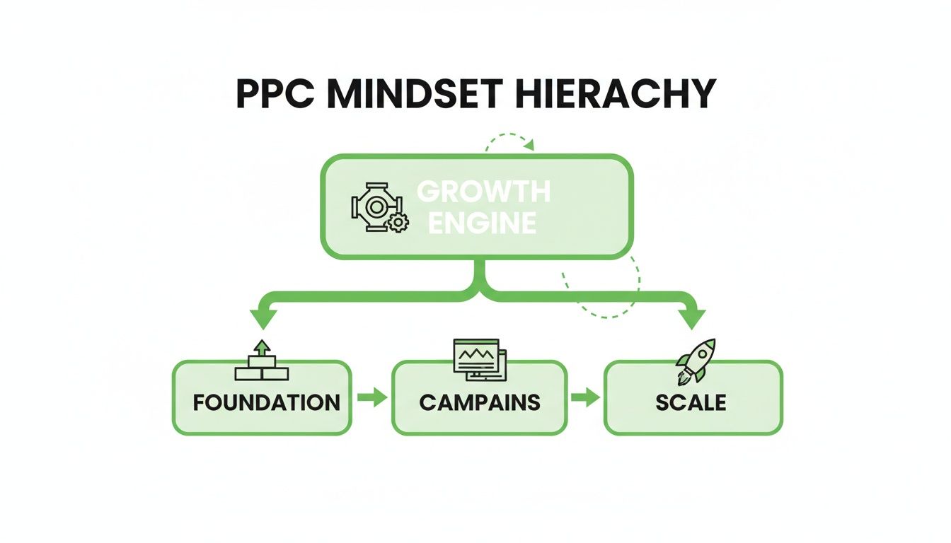 A diagram titled 'PPC Mindset Hierarchy' showing 'Growth Engine' leading to 'Foundation', 'Campaigns', and 'Scale'.