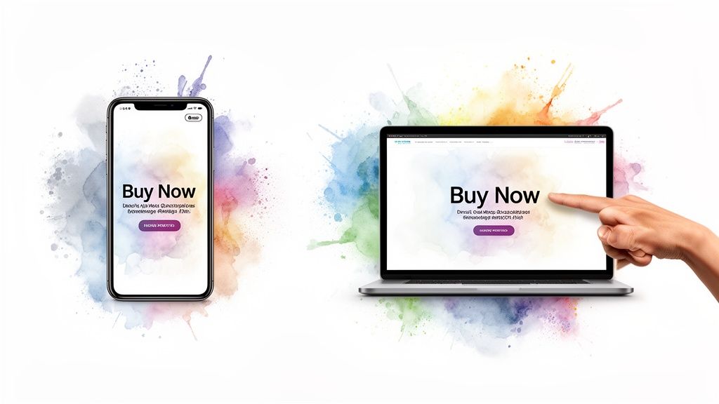 A smartphone and a laptop displaying 'Buy Now' screens on a colorful background, with a hand pointing at the laptop.