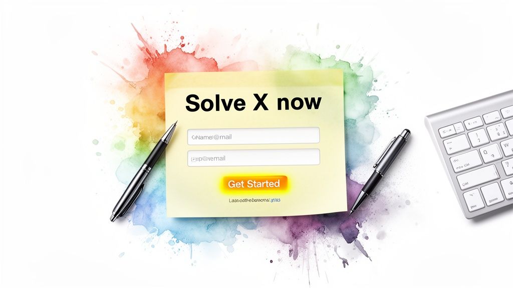 A colorful visual of a digital signup form on a sticky note with pens and a keyboard.