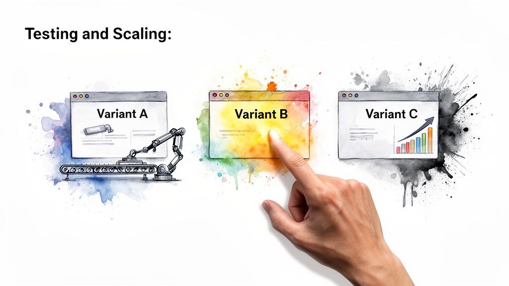 A visual representation of A/B testing and scaling with three web browser variants.