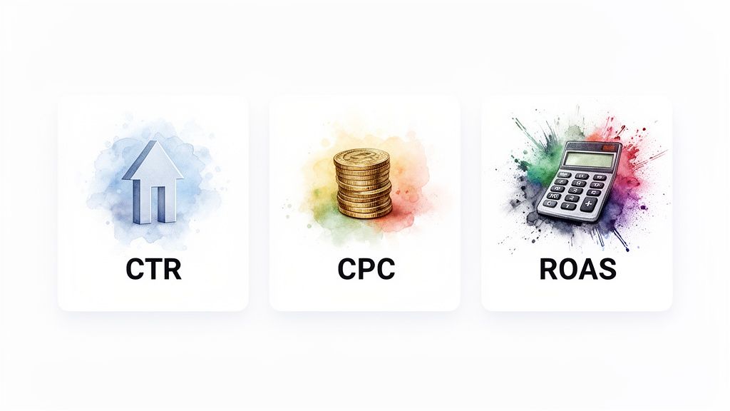 Cards with icons representing key digital marketing metrics: CTR (arrow), CPC (coins), and ROAS (calculator).
