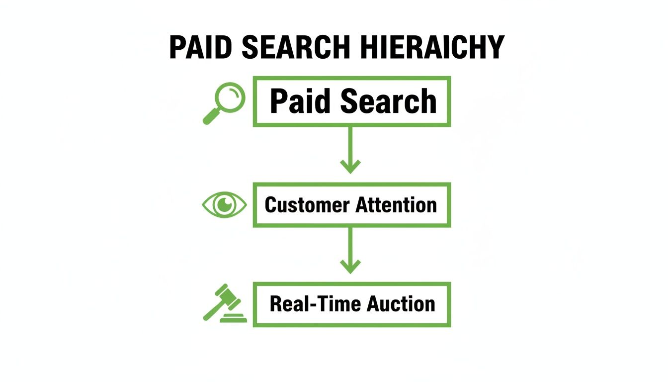 A flowchart illustrating the Paid Search Hierarchy: Paid Search, Customer Attention, and Real-Time Auction, each with an icon.