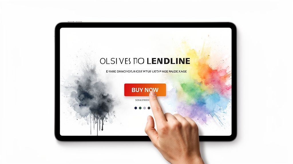 A hand taps a 'BUY NOW' button on a tablet screen with a vibrant watercolor design.