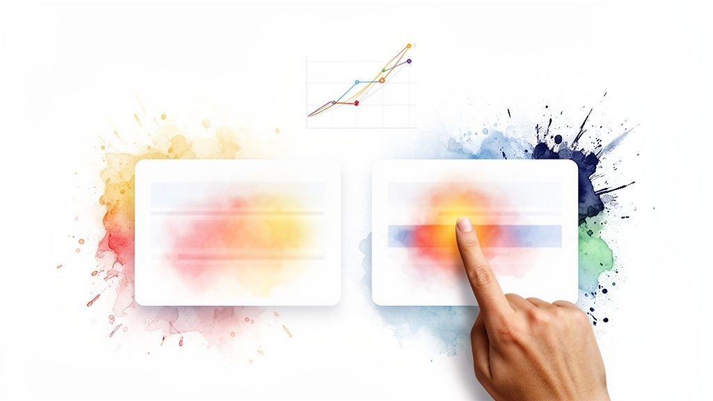 Interactive data visualization with colorful cards, a line graph, and a hand engaging with digital content.