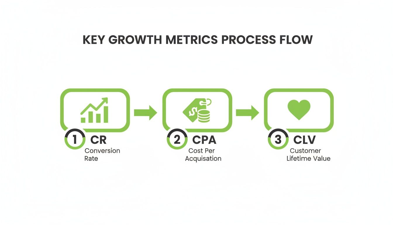 Key growth metrics process flow with steps: Conversion Rate, Cost Per Acquisition, and Customer Lifetime Value.