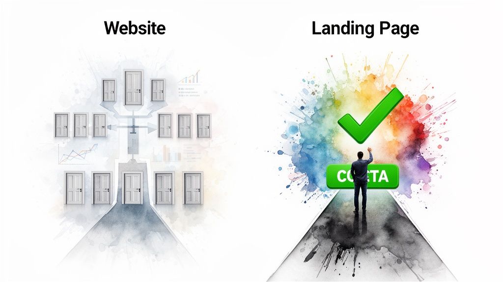 Comparison of a complex website with multiple doors versus a focused landing page with a single call to action.