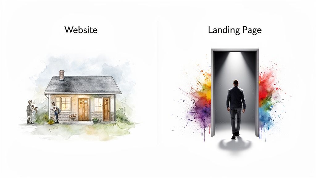 Illustration comparing a multi-room house representing a website to a man entering a focused landing page doorway.