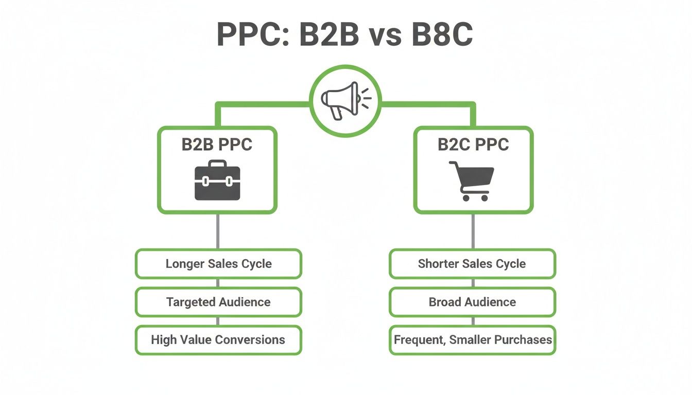 Diagram comparing B2B PPC and B2C PPC, detailing sales cycle, audience, and purchase value.