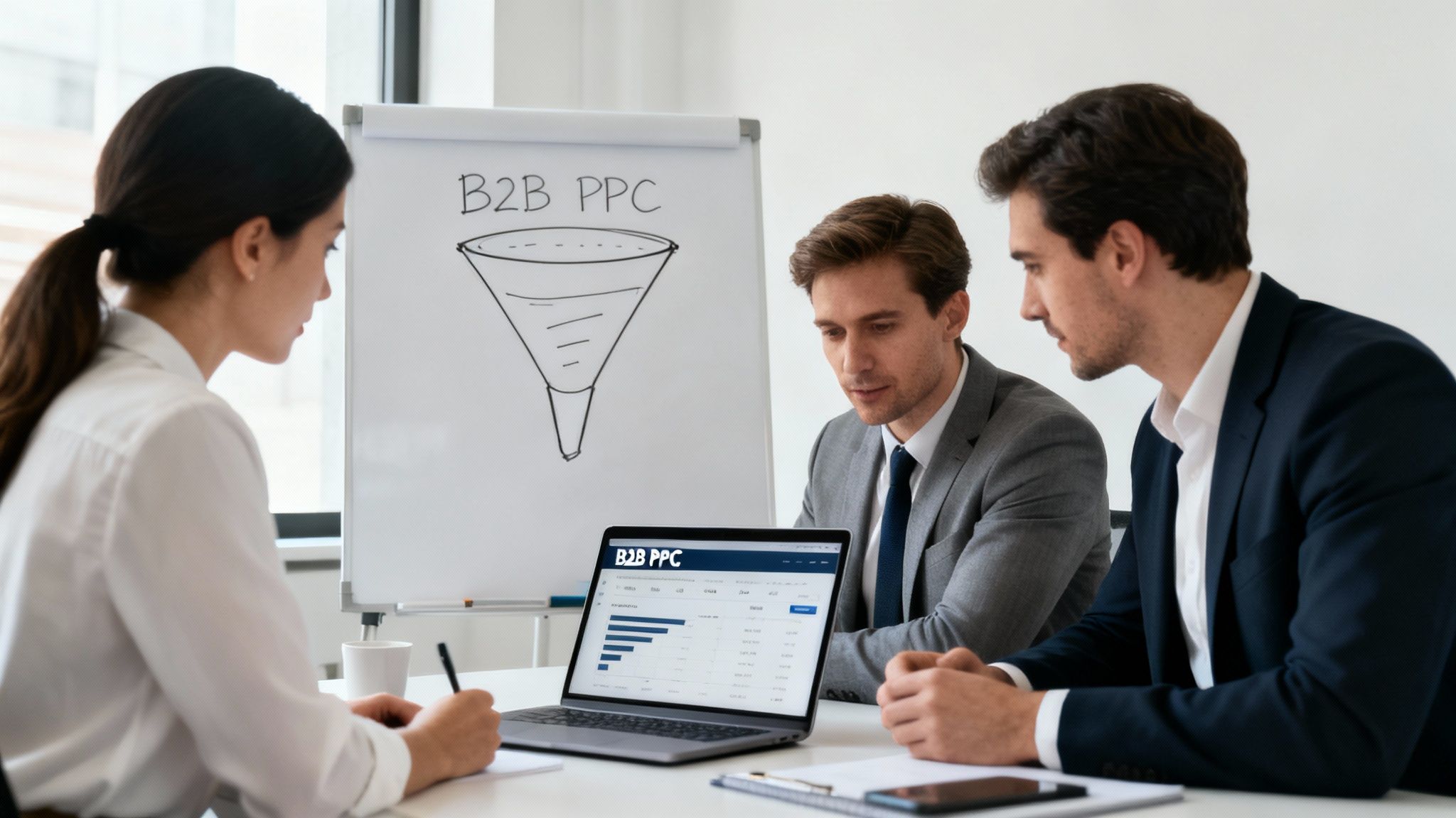 Business professionals in a meeting discussing B2B PPC marketing strategies with a dashboard and whiteboard.