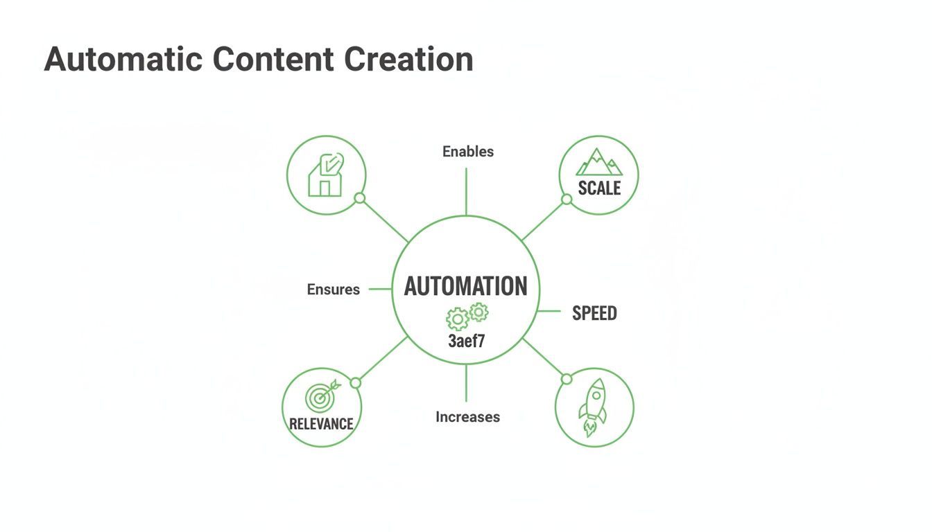 A diagram illustrating automatic content creation, highlighting how automation ensures relevance, speed, and scale.