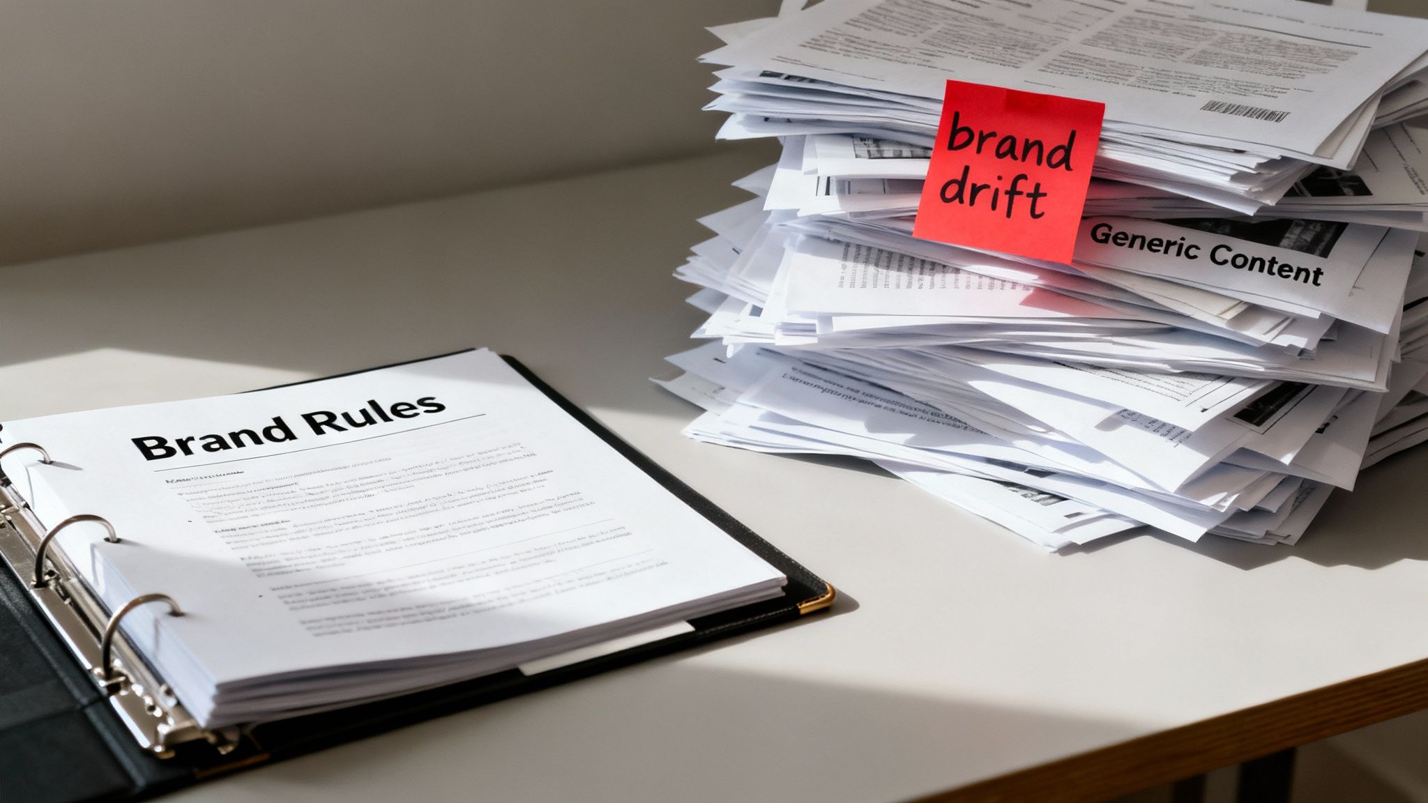 A binder with 'Brand Rules' open next to a tall stack of 'Generic Content' papers, with a 'brand drift' sticky note.