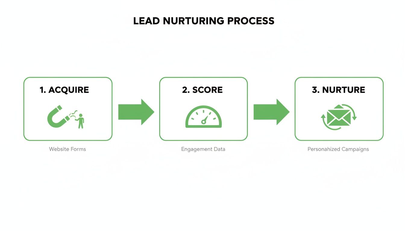 Diagram showing the lead nurturing process: Acquire from website forms, Score with engagement data, Nurture with personalized campaigns.