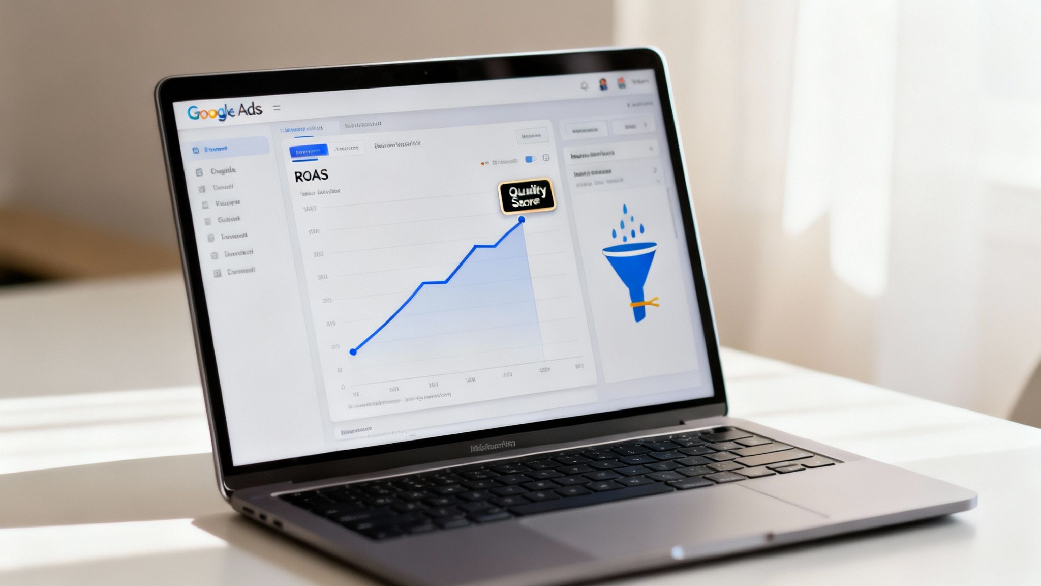 A laptop displays Google Ads dashboard showing a performance graph, Quality Score, and conversion funnel.