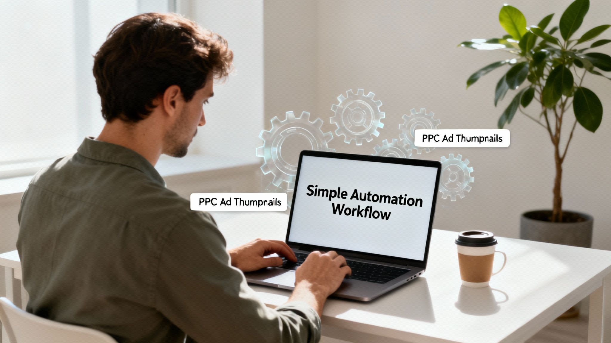 A man using a laptop, displaying 'Simple Automation Workflow' for 'PPC Ad Thumbnails' with gears.