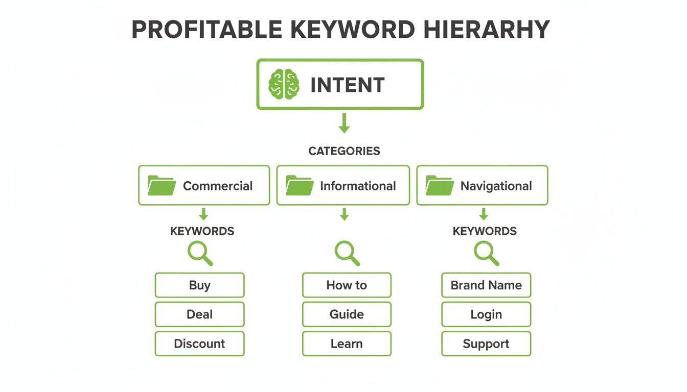 A flowchart illustrating a profitable keyword hierarchy based on user intent and categories like commercial, informational, and navigational.