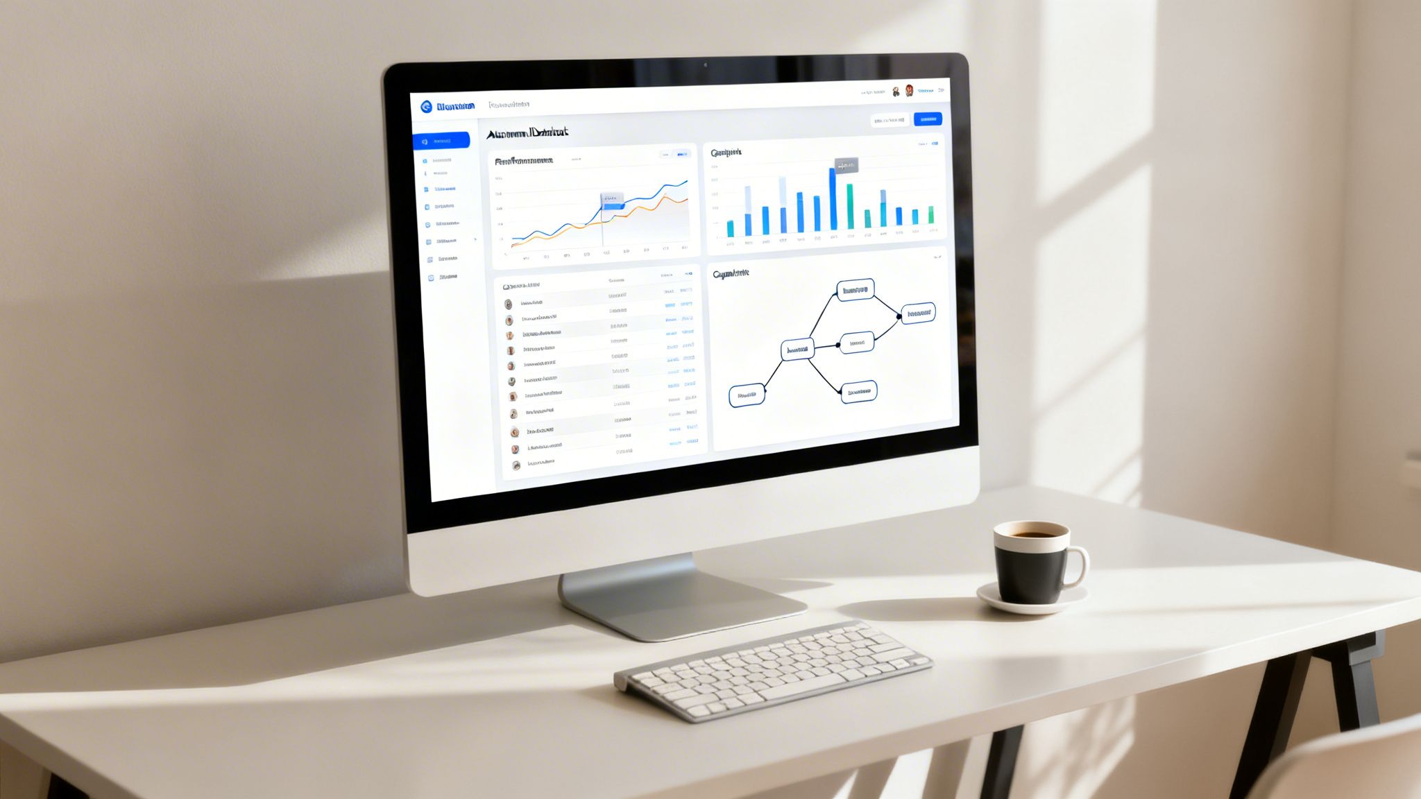 A clean, modern workspace featuring a computer monitor displaying a data dashboard, a keyboard, and a coffee cup.