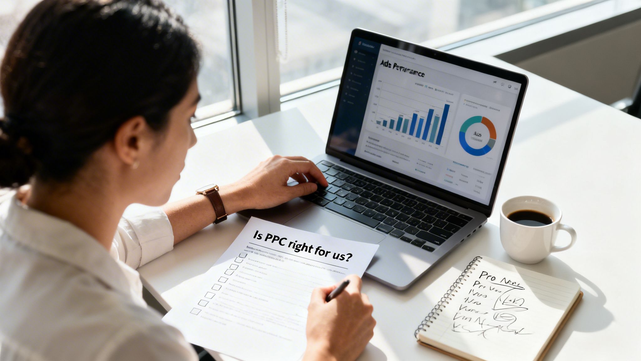 A woman evaluating PPC strategies with a document and laptop displaying ad performance data.