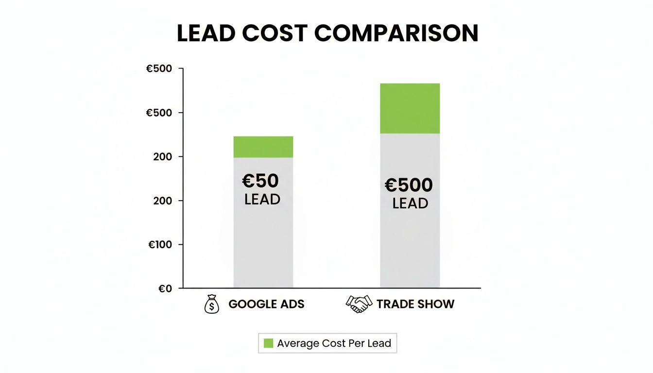 Bar chart comparing lead costs: Google Ads at €50 per lead versus Trade Show at €500 per lead.