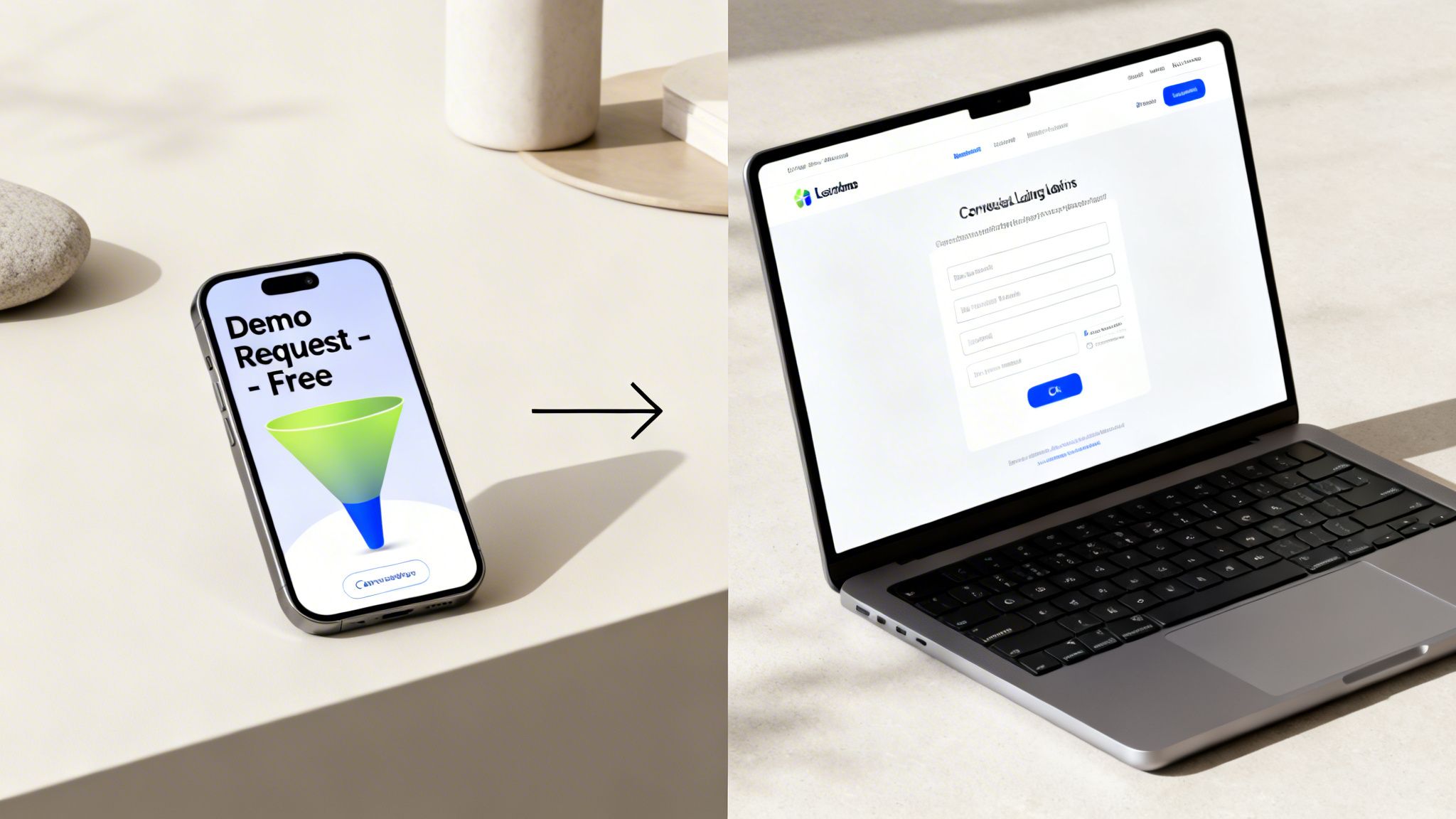 A smartphone displaying a demo request form connecting to a laptop with a commercial loan application.