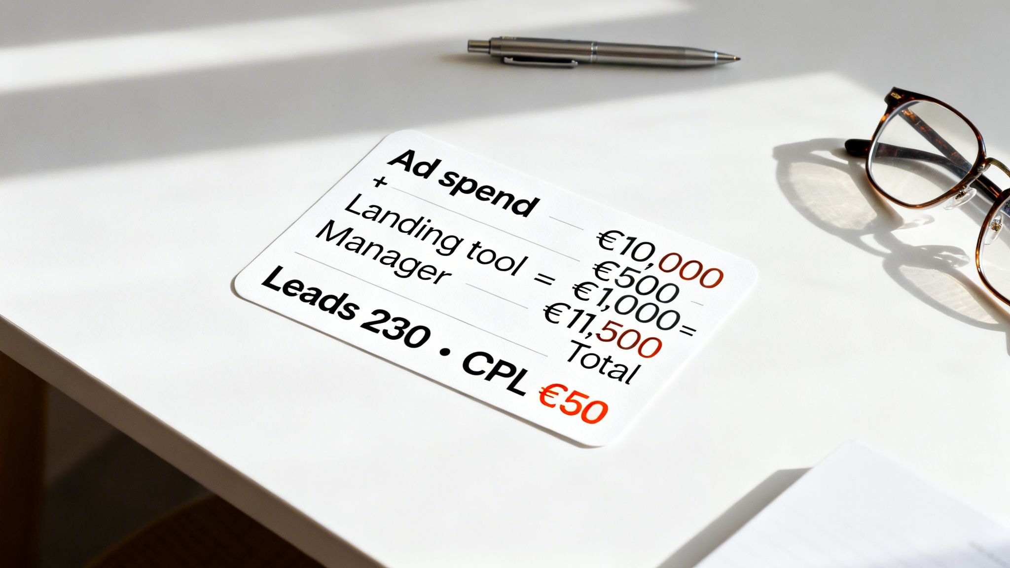A white card shows marketing ad spend, landing tool, manager costs, and total with leads and CPL.