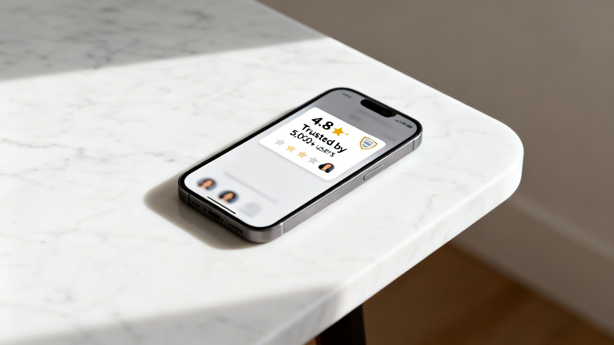 An iPhone displaying a 4.8-star rating, trusted by 5,000+ users, on a marble table.