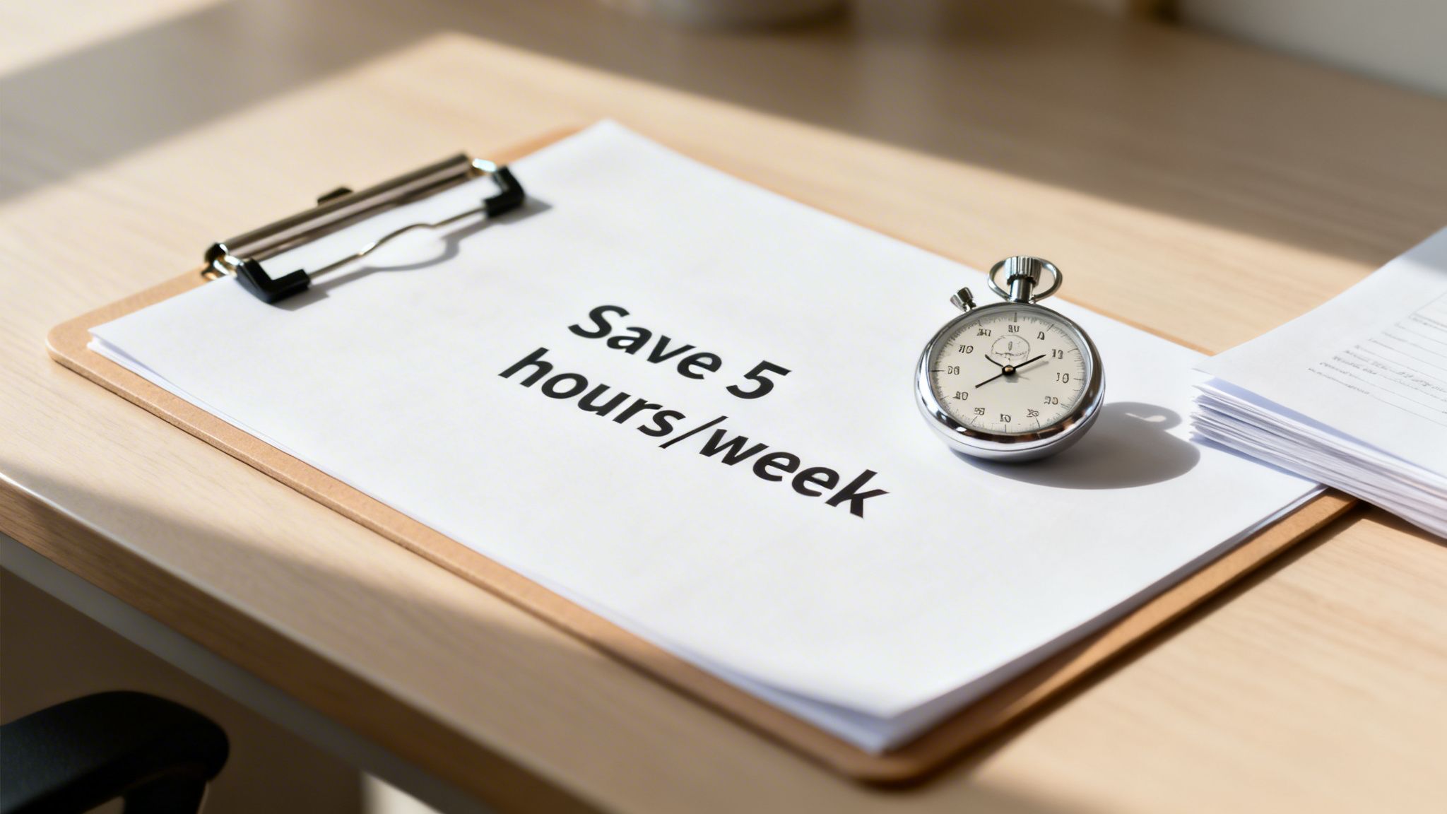 A clipboard with 'Save 5 hours/week' text, a stopwatch, and papers on a wooden desk.