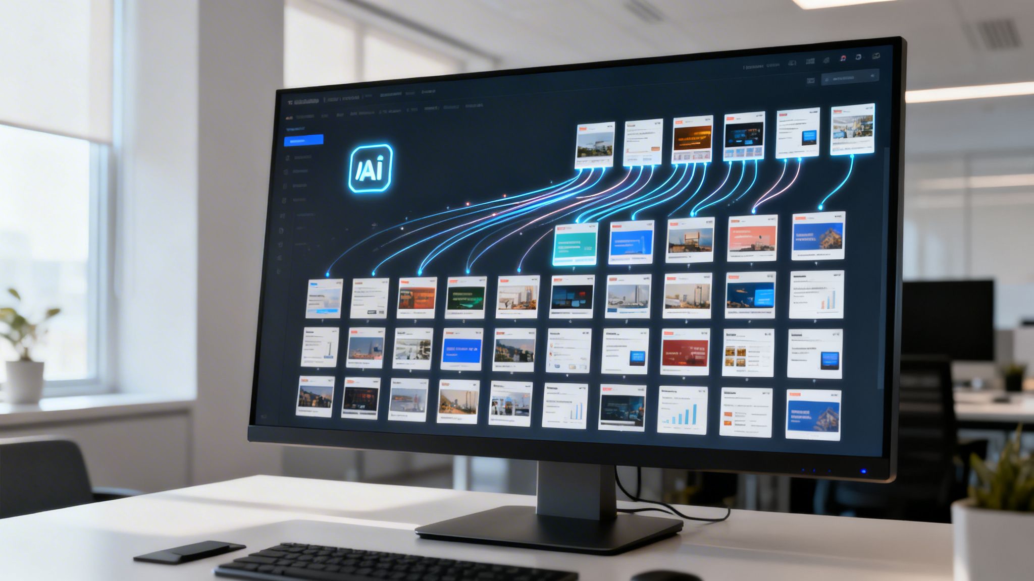 A computer monitor displays an iAi software interface with interconnected data cards in a modern office.