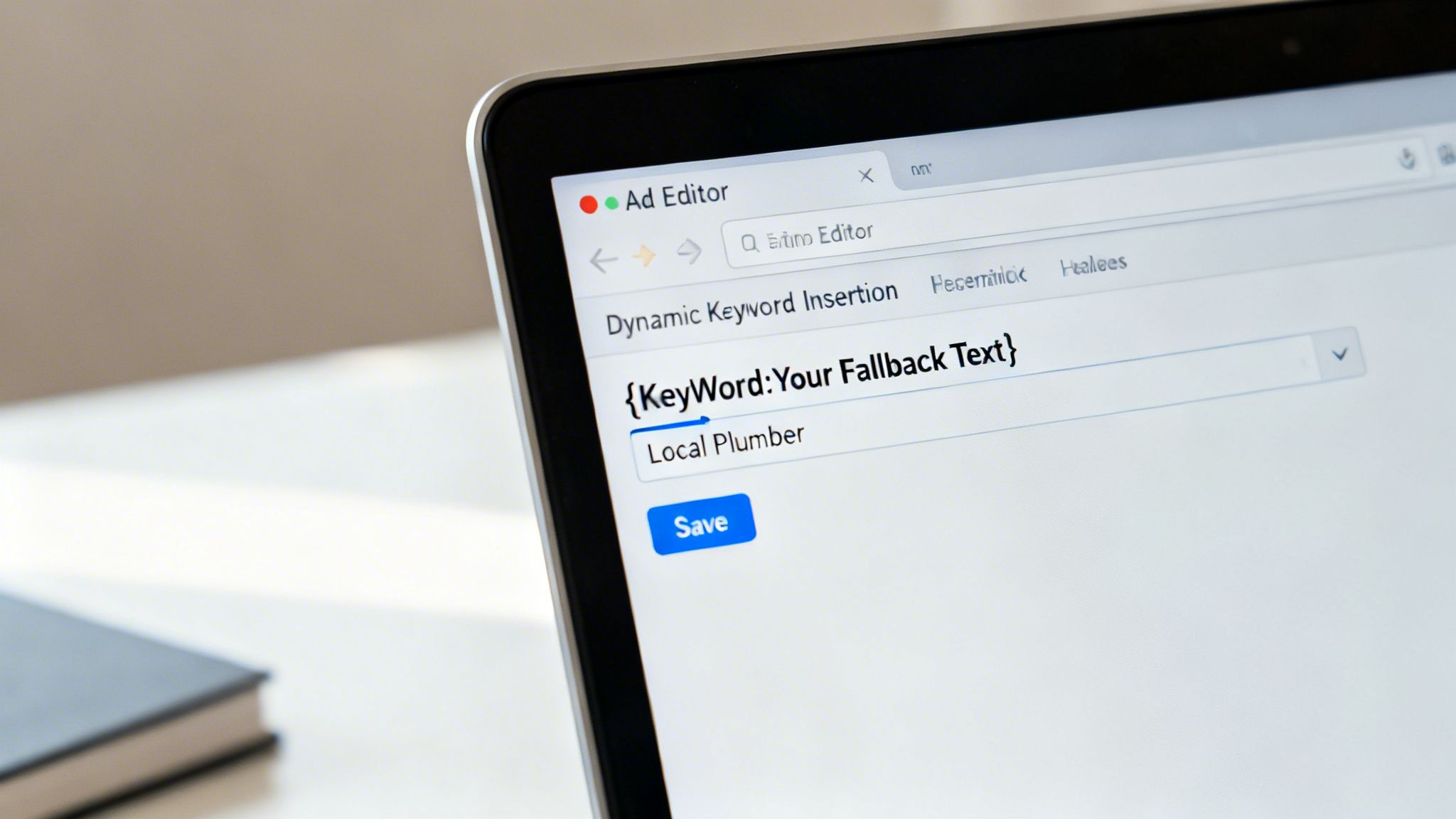 Close-up of a laptop screen displaying an ad editor, showing dynamic keyword insertion for 'Local Plumber'.