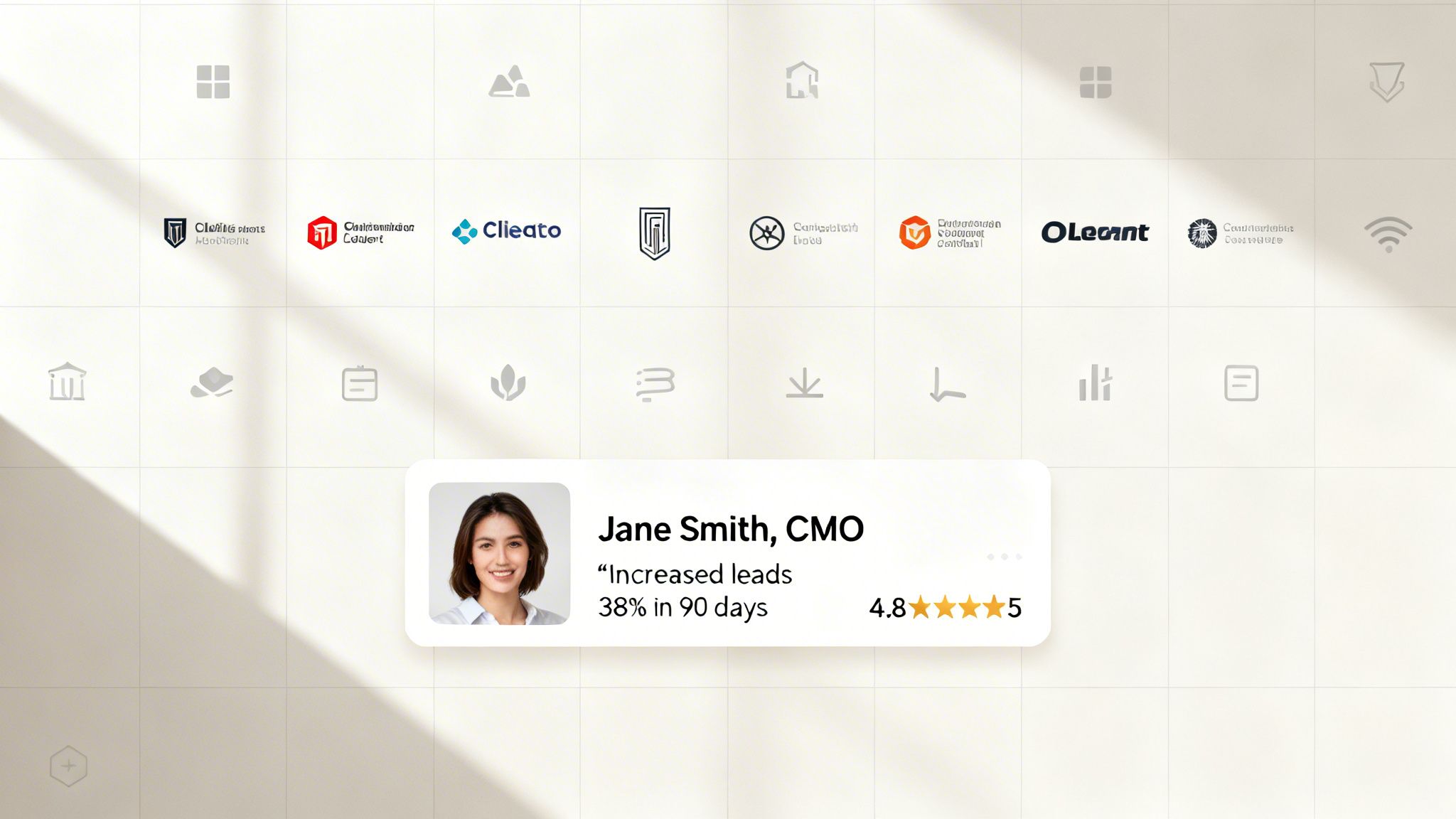 Modern website UI featuring a grid of icons, company logos, and a testimonial card from Jane Smith, CMO.