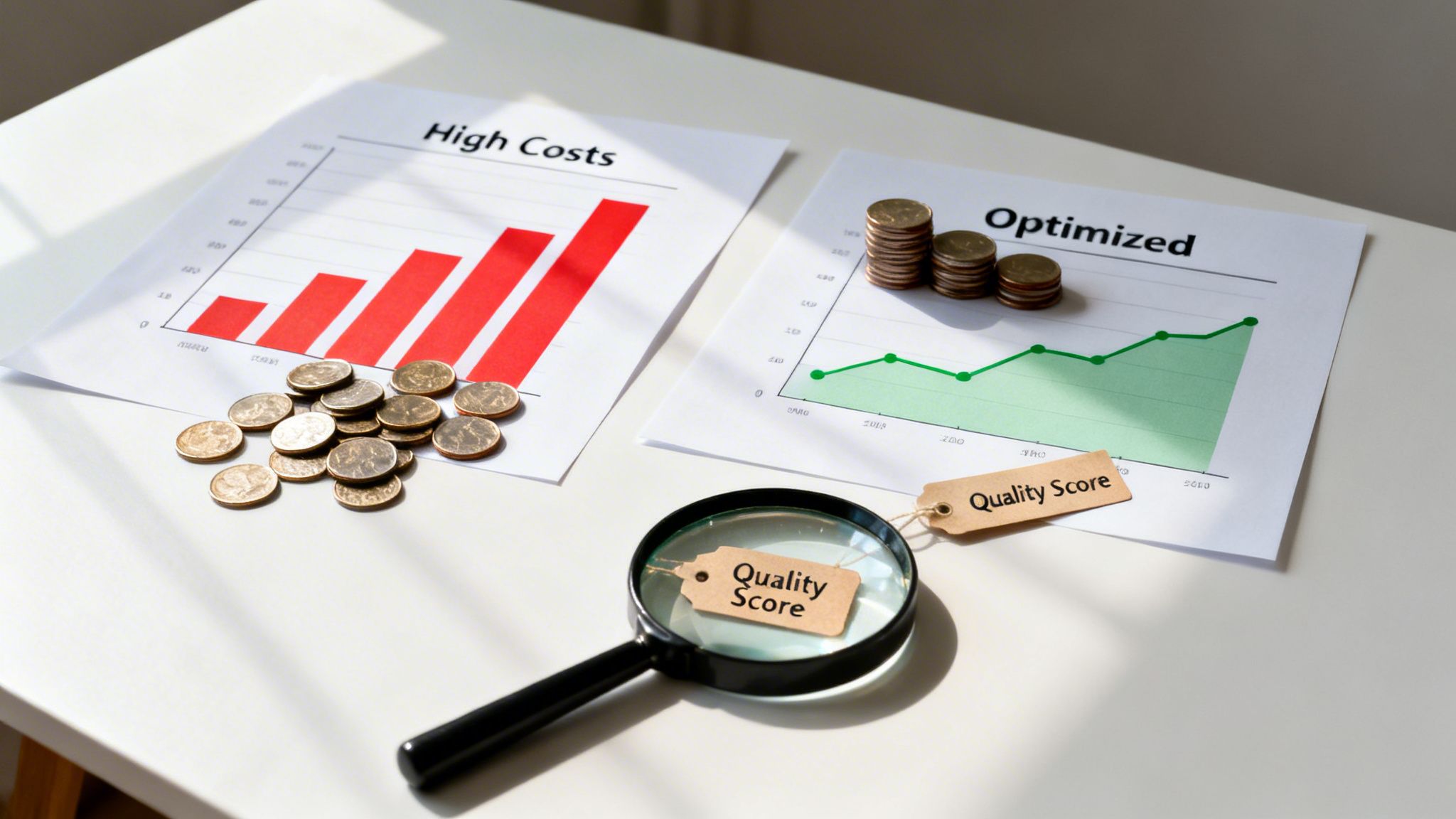 Graphs comparing high costs and optimized strategies, with coins and a 'Quality Score' tag.