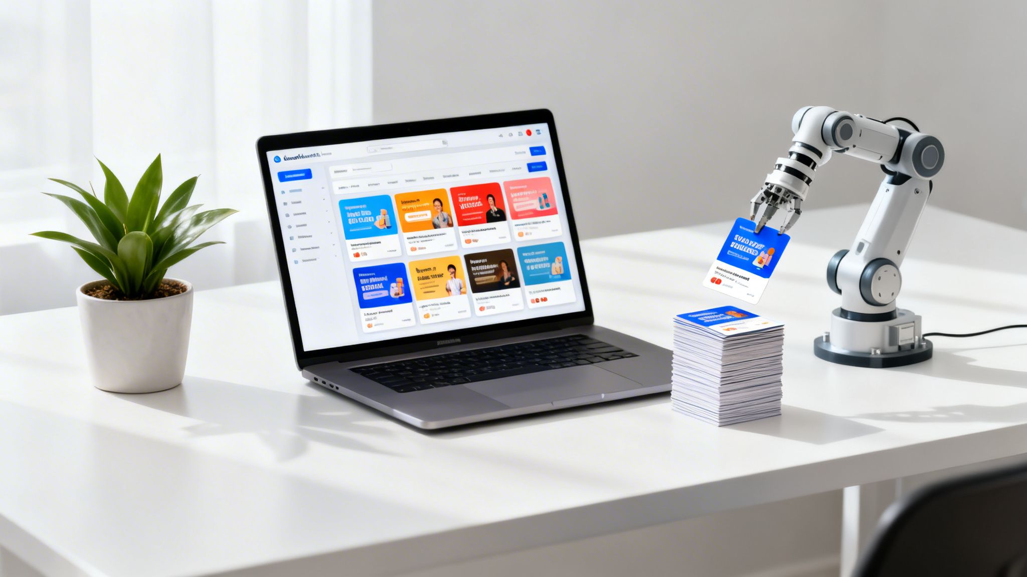 A robotic arm holds a digital ad card next to a laptop displaying an online advertising platform.