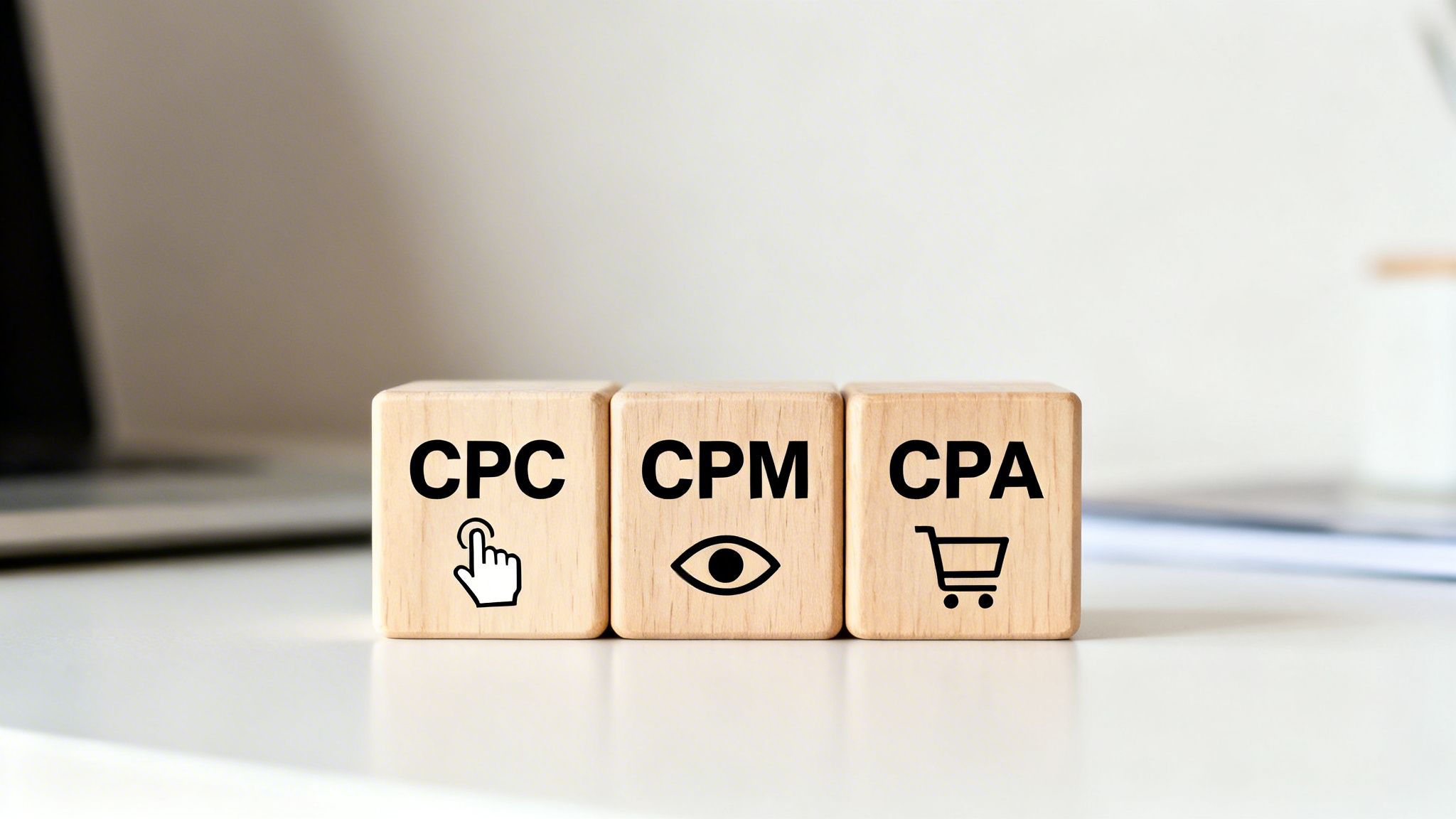Three wooden blocks illustrate CPC, CPM, and CPA metrics for online advertising costs.
