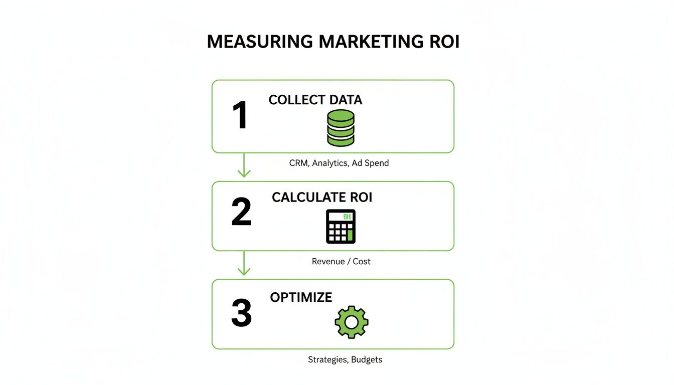 Flowchart detailing three steps to measure marketing ROI: collect data, calculate ROI, and optimize.