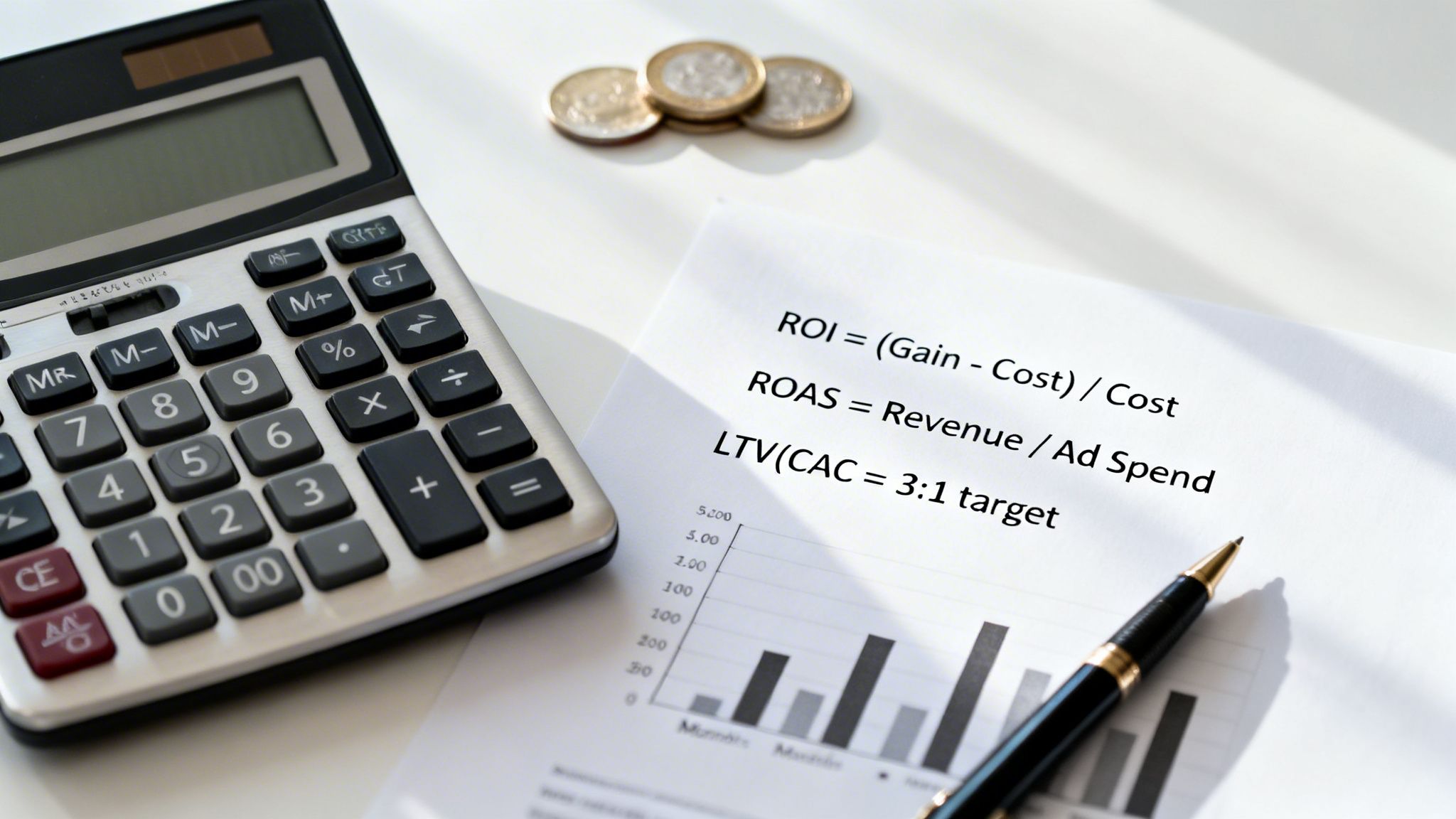 A calculator, euro coins, and a document displaying marketing ROI formulas and a bar chart.