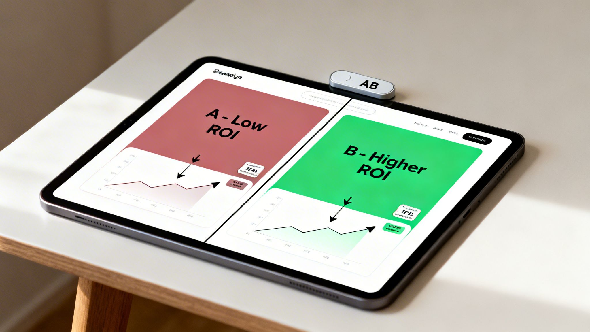 Tablet displaying A/B test comparing low and higher marketing ROI results with a physical AB device.