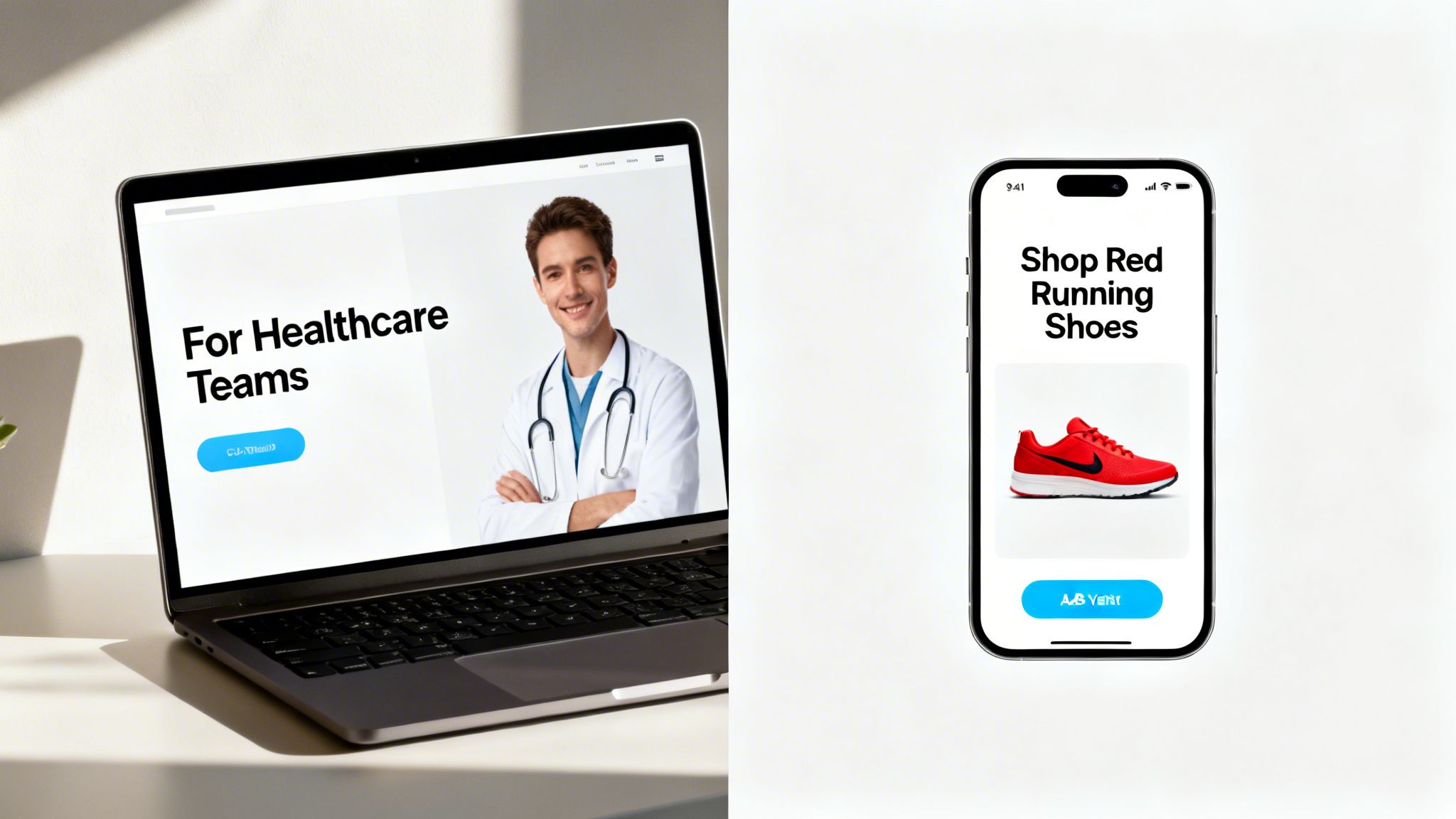 Digital marketing displays: a laptop with a healthcare site and a smartphone with an e-commerce shoe page.