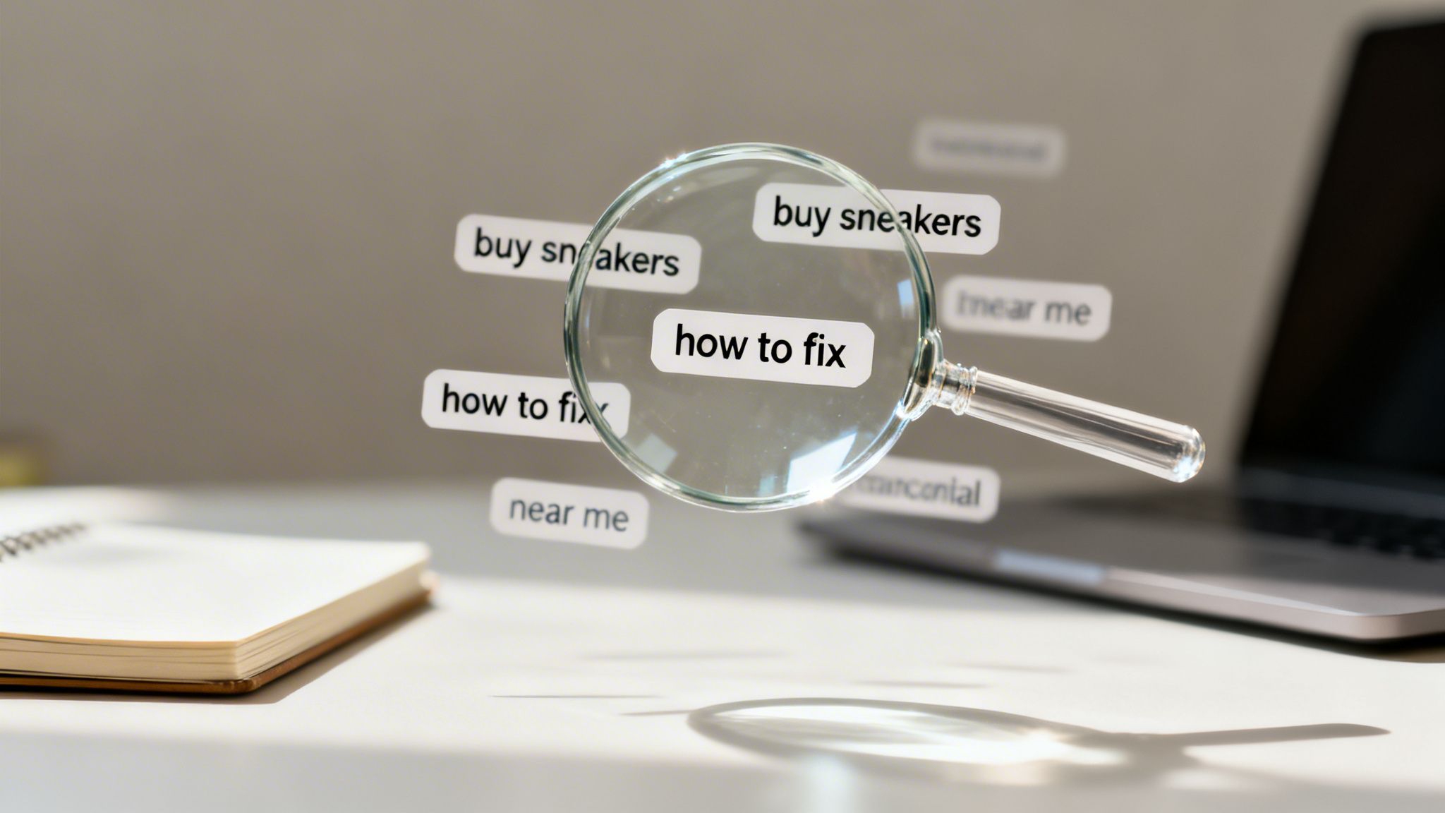 Magnifying glass highlights 'how to fix' among search queries like 'buy sneakers', symbolizing online search and problem-solving.